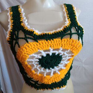 1OF1 Small Handmade Crochet Halter Top Green Yellow White Sunburst 1970's Hippy